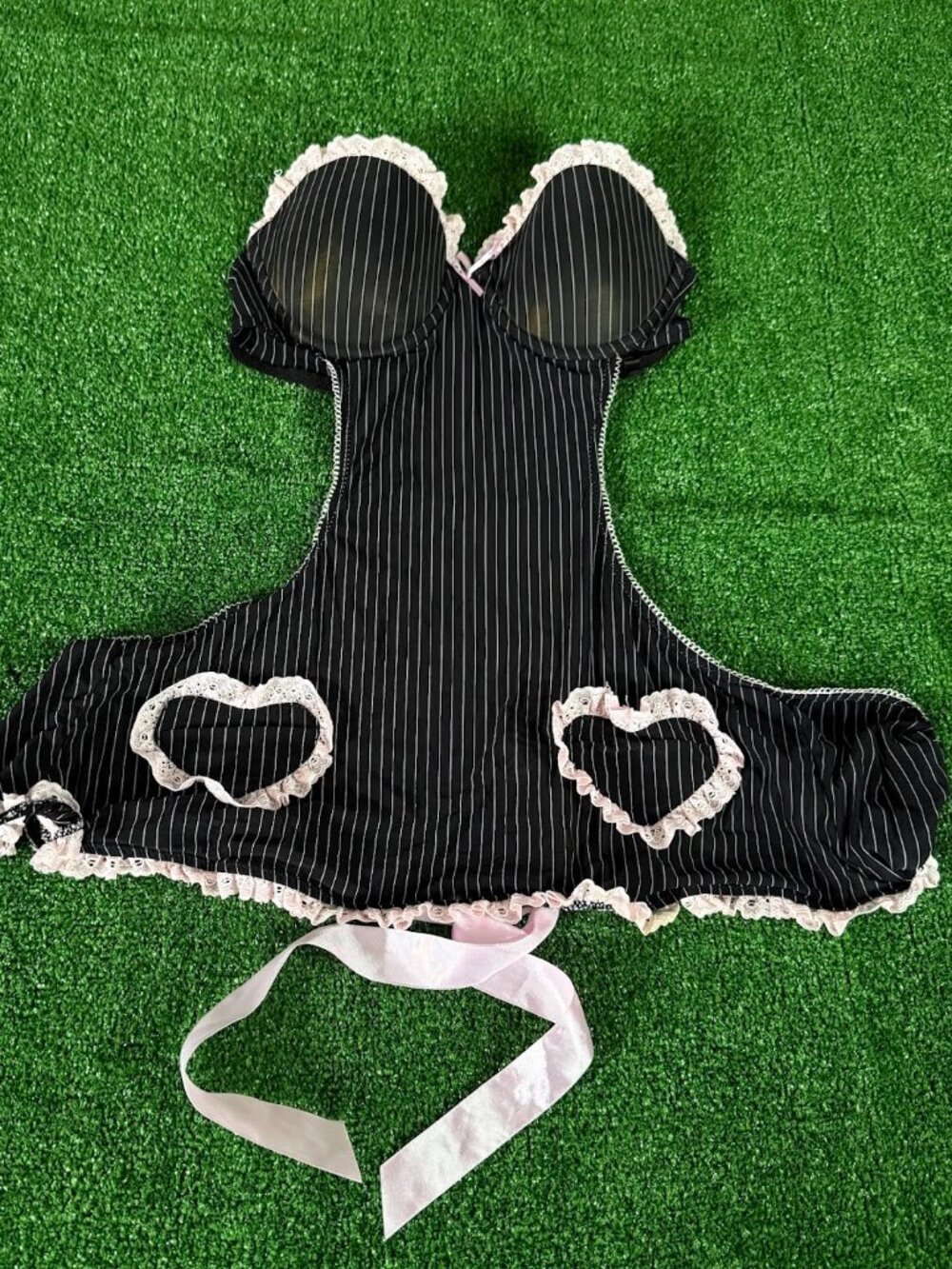 Vintage Y2K Jolie Intimates Teddy Black Pink Pinstripe Heart Cutout Underwire L